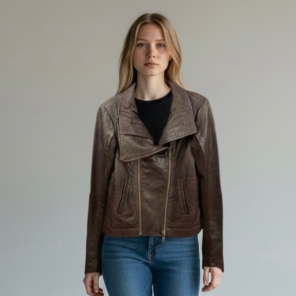 VEDA Brown Max Classic Leather Moto Jacket Size L